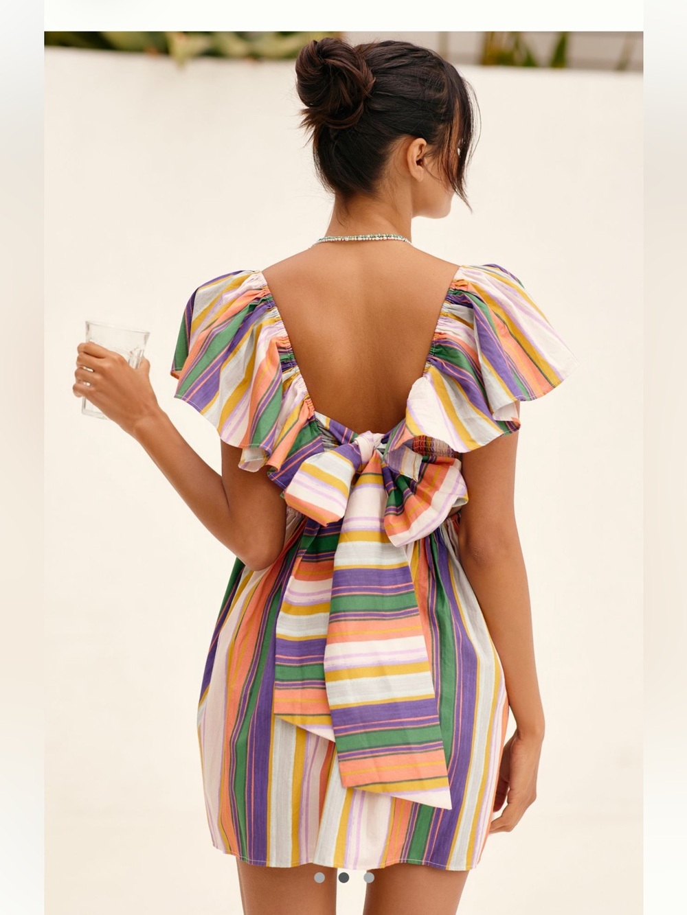 Anthropologie Ruffle Sleeve Open Back Mini Dress | Multicolor Stripe Smocked | L - Picture 2 of 8